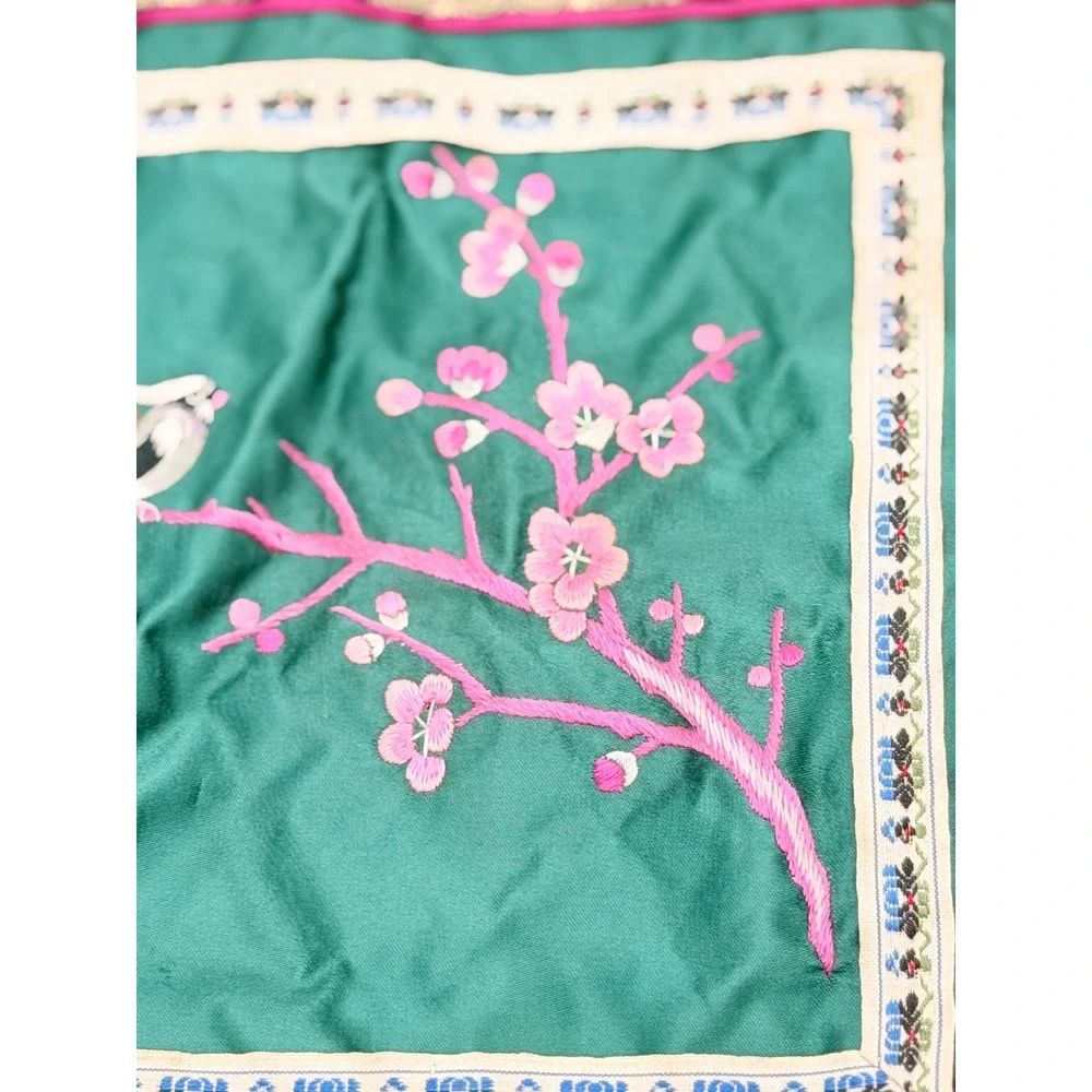 Vintage Chinese Hand Embroidered Silk Textile Bird Cherry Blossom Green 12x12